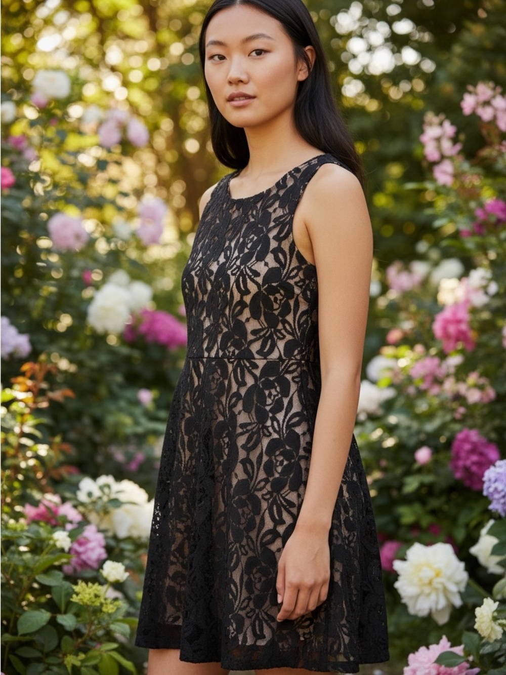 Free People Black Floral Lace Mini Dress Sheer Overlay Size M